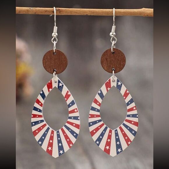 Wood rain drop American flag 4th of July earrings - Picture 2 of 9